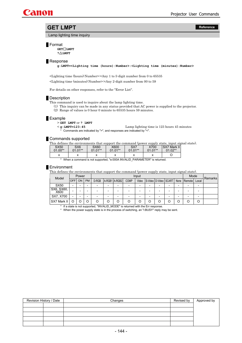 Get lmpt, Projector user commands, Format | Response, Description, Example, Commands supported, Environment | Canon SX 50 User Manual | Page 150 / 244