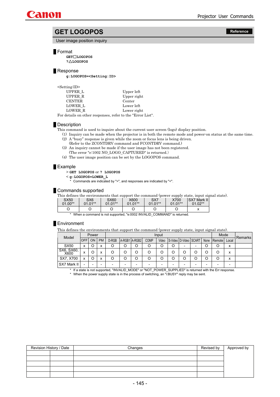 Get logopos, Projector user commands, Format | Response, Description, Example, Commands supported, Environment | Canon SX 50 User Manual | Page 151 / 244