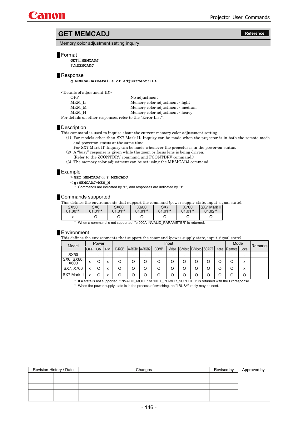 Get memcadj, Projector user commands, Format | Response, Description, Example, Commands supported, Environment | Canon SX 50 User Manual | Page 152 / 244