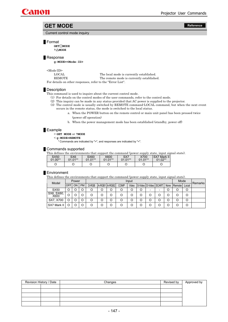 Get mode, Projector user commands, Format | Response, Description, Example, Commands supported, Environment | Canon SX 50 User Manual | Page 153 / 244