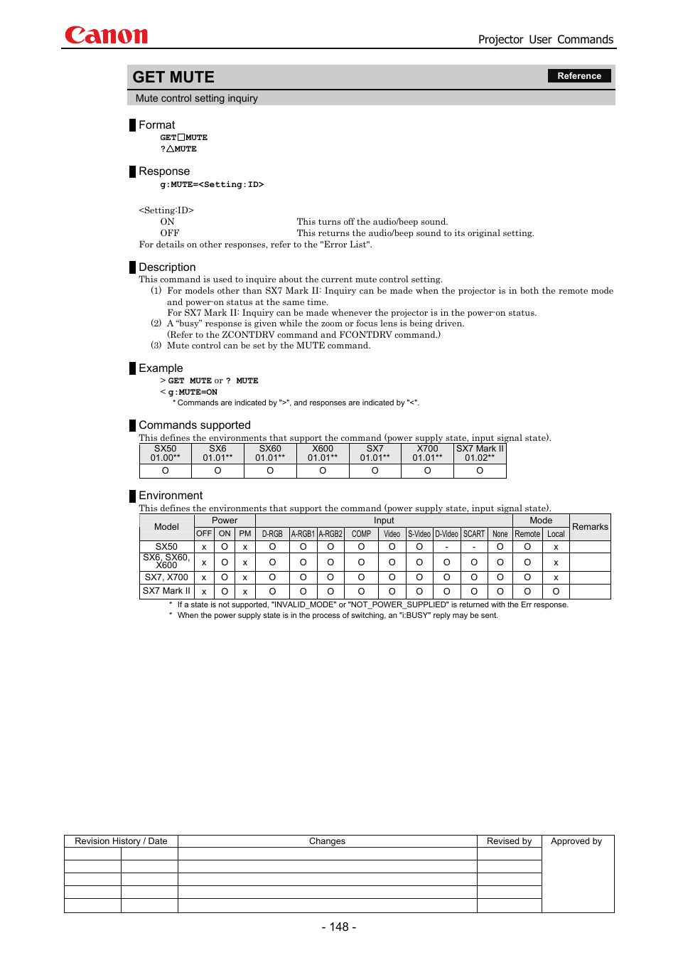 Get mute, Projector user commands, Format | Response, Description, Example, Commands supported, Environment | Canon SX 50 User Manual | Page 154 / 244