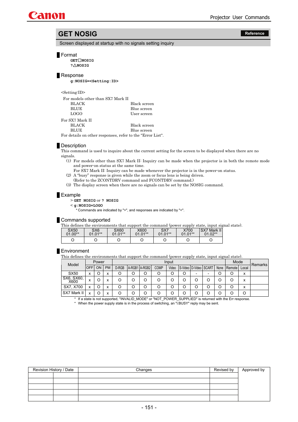 Get nosig, Projector user commands, Format | Response, Description, Example, Commands supported, Environment | Canon SX 50 User Manual | Page 157 / 244