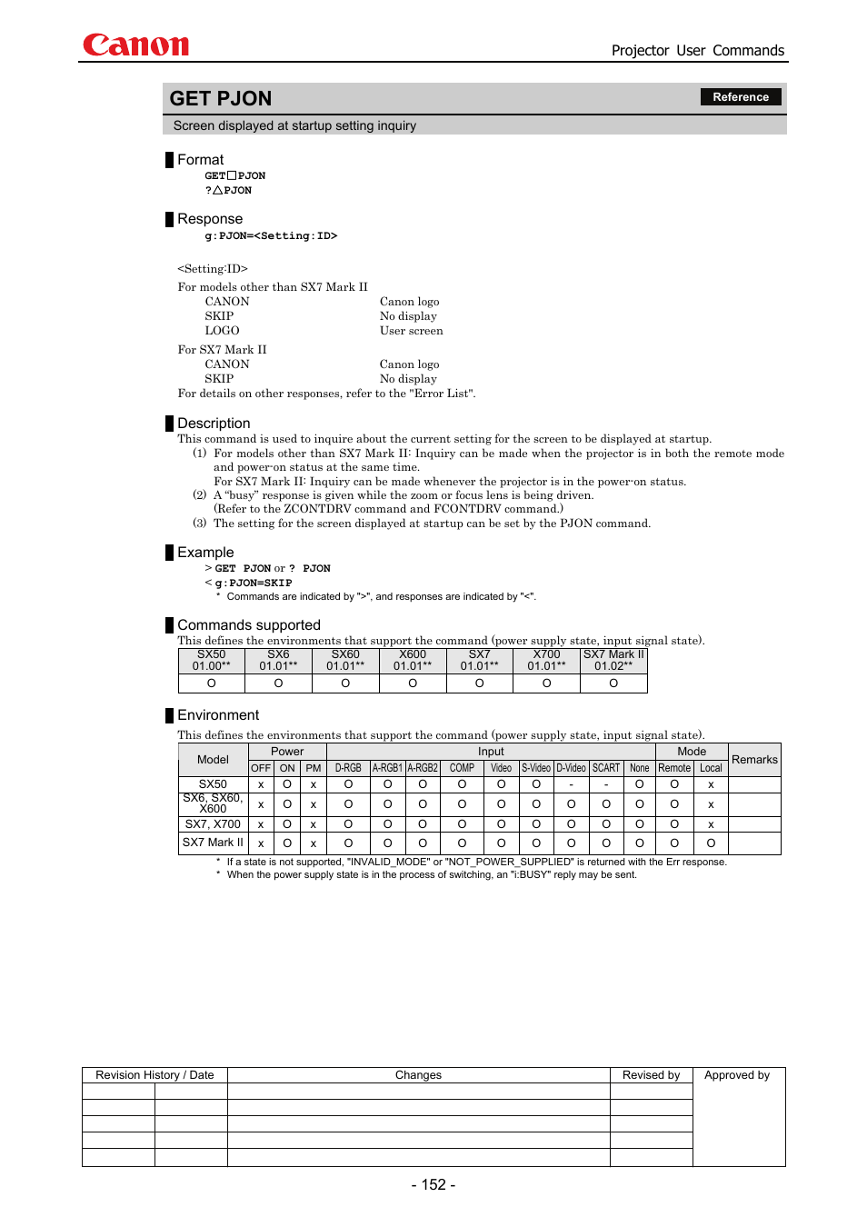 Get pjon, Projector user commands, Format | Response, Description, Example, Commands supported, Environment | Canon SX 50 User Manual | Page 158 / 244