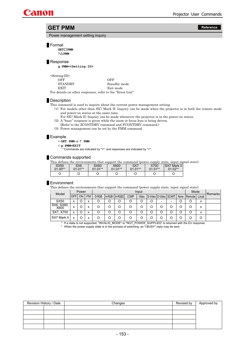 Get pmm, Projector user commands, Format | Response, Description, Example, Commands supported, Environment | Canon SX 50 User Manual | Page 159 / 244