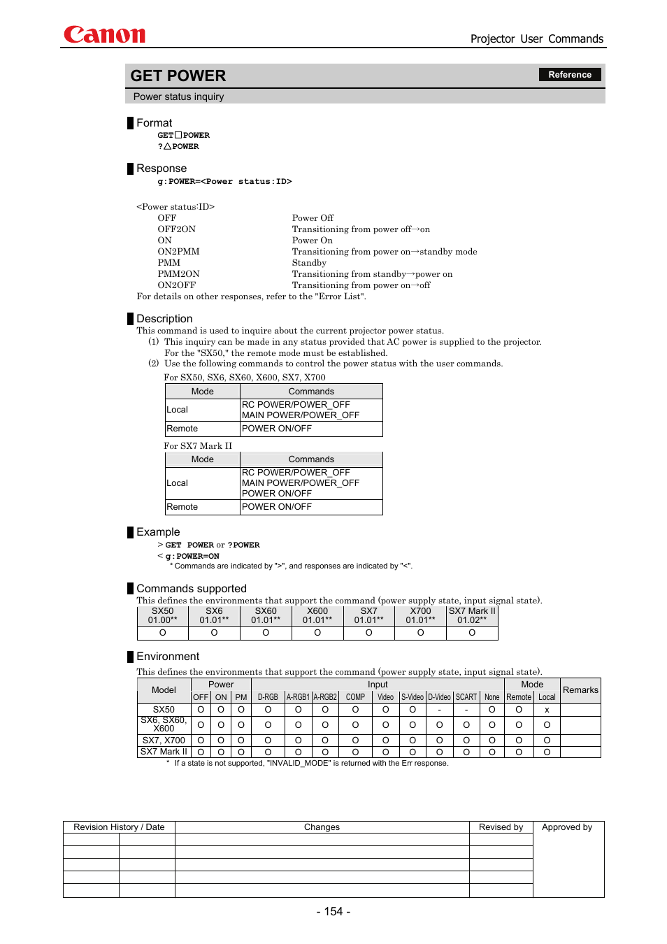 Get power, Projector user commands, Format | Response, Description, Example, Commands supported, Environment | Canon SX 50 User Manual | Page 160 / 244