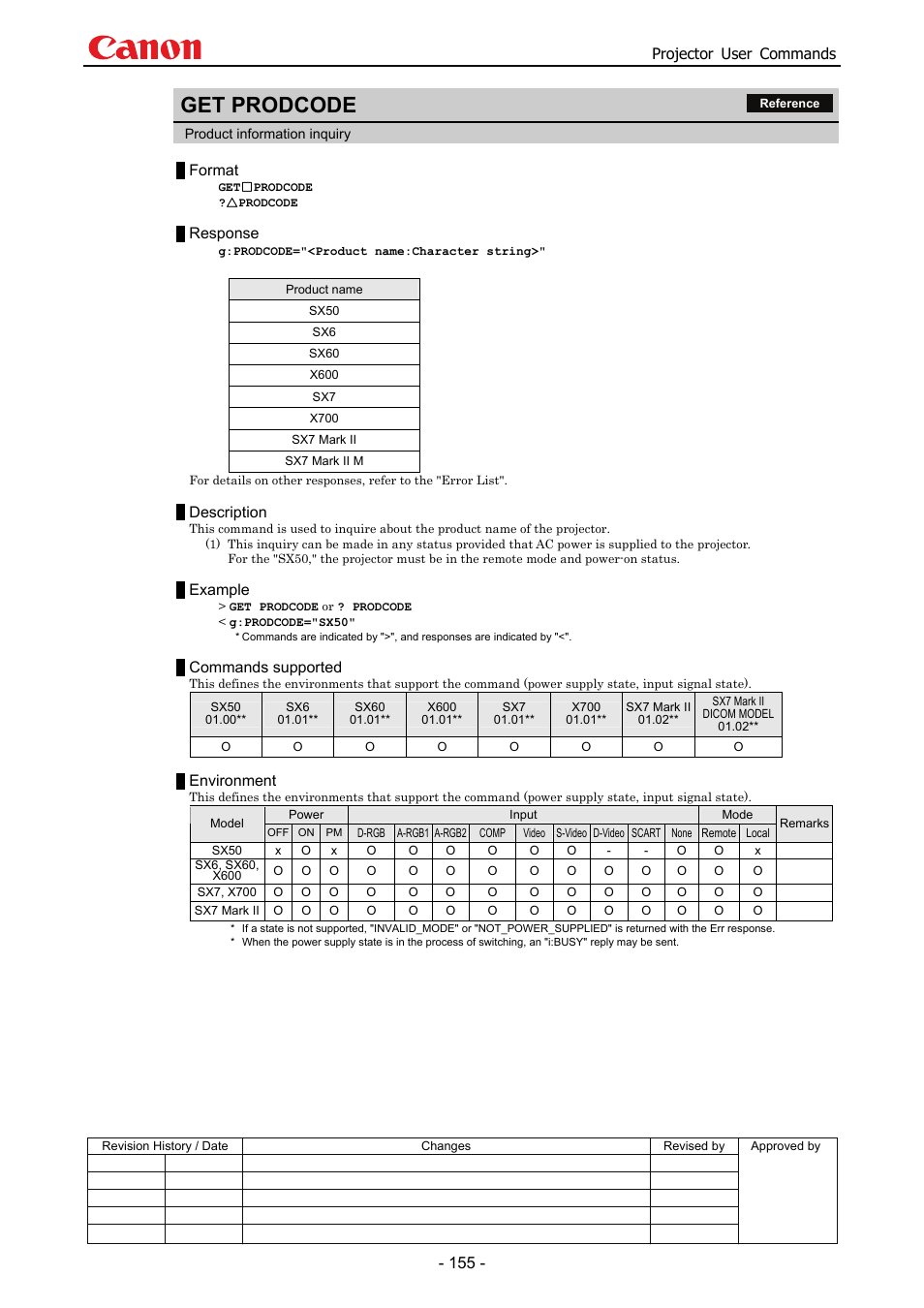 Get prodcode, Projector user commands, Format | Response, Description, Example, Commands supported, Environment | Canon SX 50 User Manual | Page 161 / 244