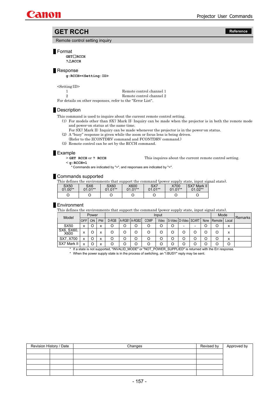 Get rcch, Projector user commands, Format | Response, Description, Example, Commands supported, Environment | Canon SX 50 User Manual | Page 163 / 244