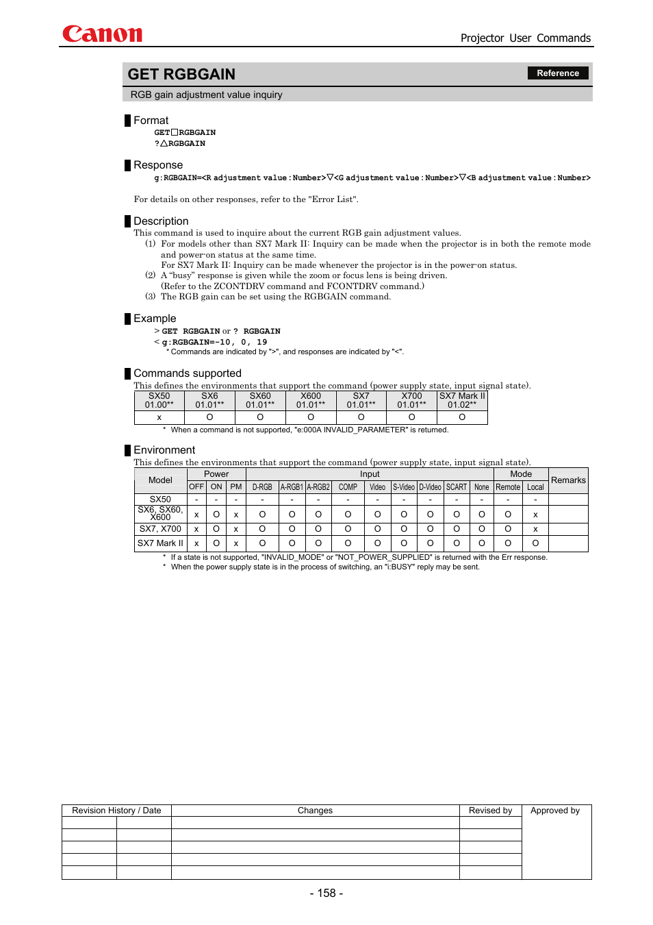 Get rgbgain, Projector user commands, Format | Response, Description, Example, Commands supported, Environment | Canon SX 50 User Manual | Page 164 / 244