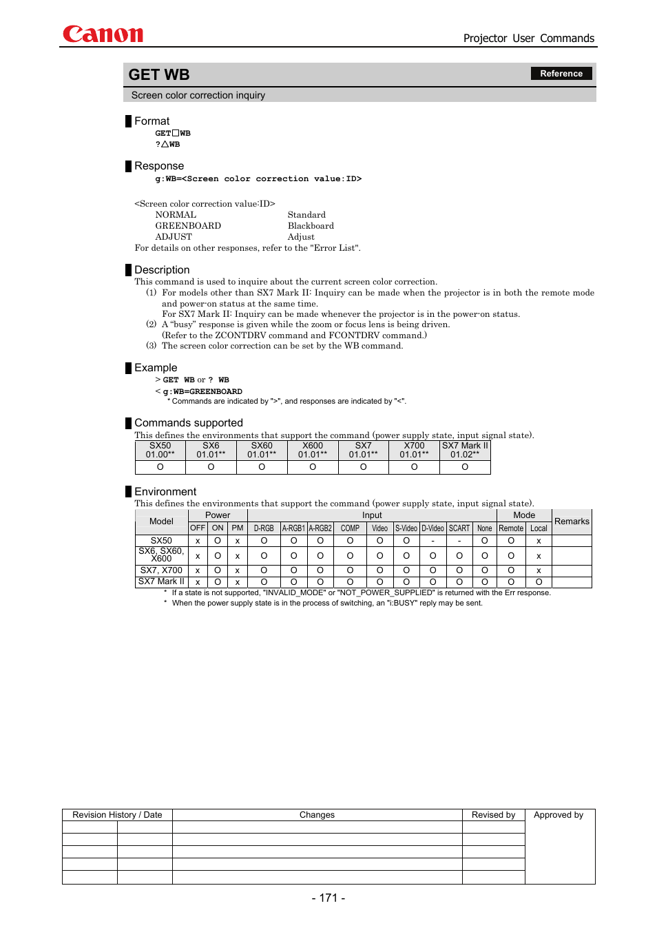 Get wb, Projector user commands, Format | Response, Description, Example, Commands supported, Environment | Canon SX 50 User Manual | Page 177 / 244