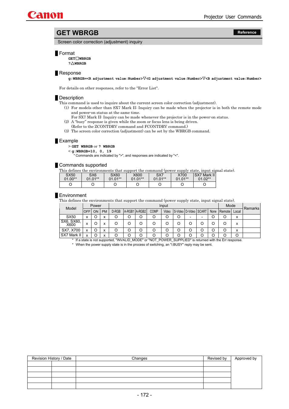 Get wbrgb, Projector user commands, Format | Response, Description, Example, Commands supported, Environment | Canon SX 50 User Manual | Page 178 / 244