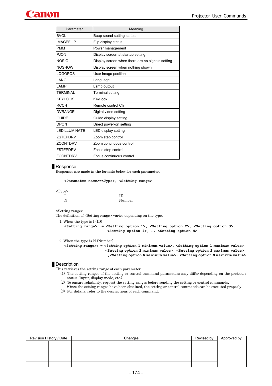 Projector user commands, Response, Description | Canon SX 50 User Manual | Page 180 / 244