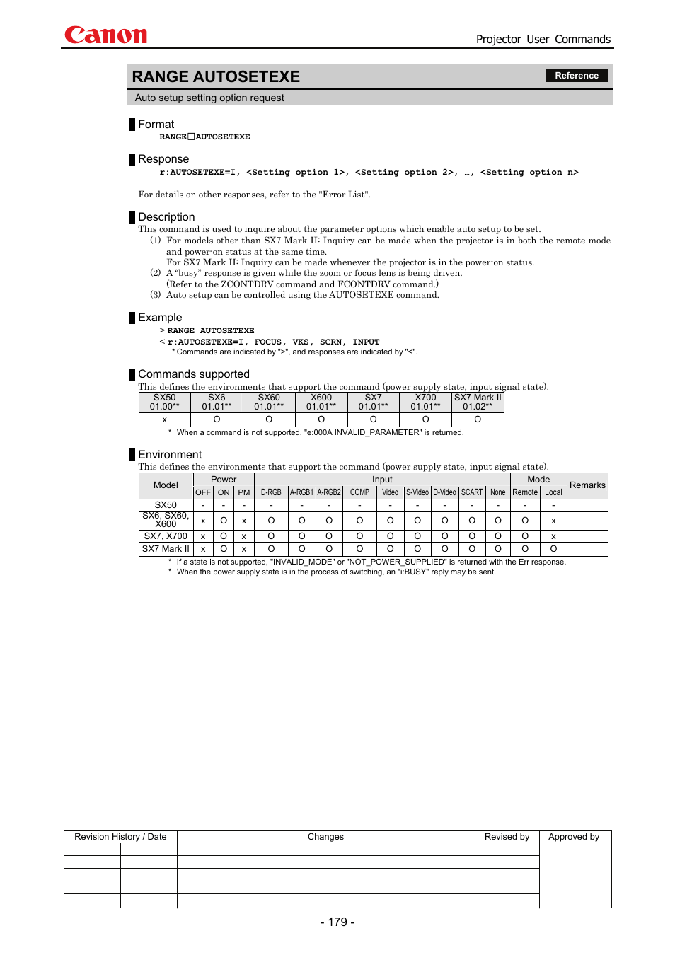 Range autosetexe, Projector user commands, Format | Response, Description, Example, Commands supported, Environment | Canon SX 50 User Manual | Page 185 / 244