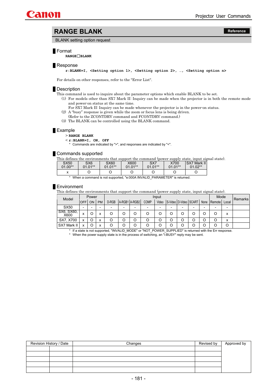 Range blank, Projector user commands, Format | Response, Description, Example, Commands supported, Environment | Canon SX 50 User Manual | Page 187 / 244