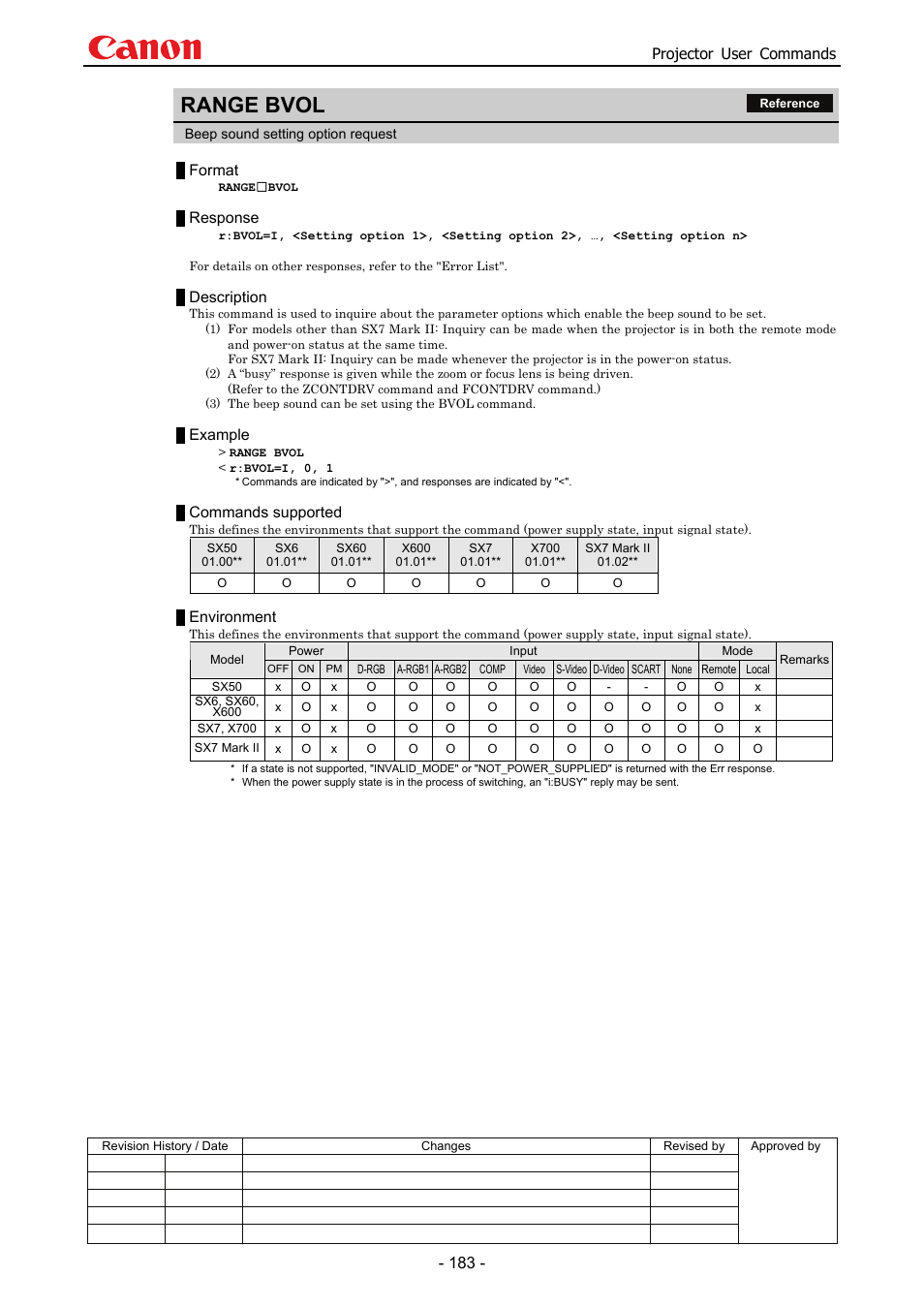 Range bvol, Projector user commands, Format | Response, Description, Example, Commands supported, Environment | Canon SX 50 User Manual | Page 189 / 244