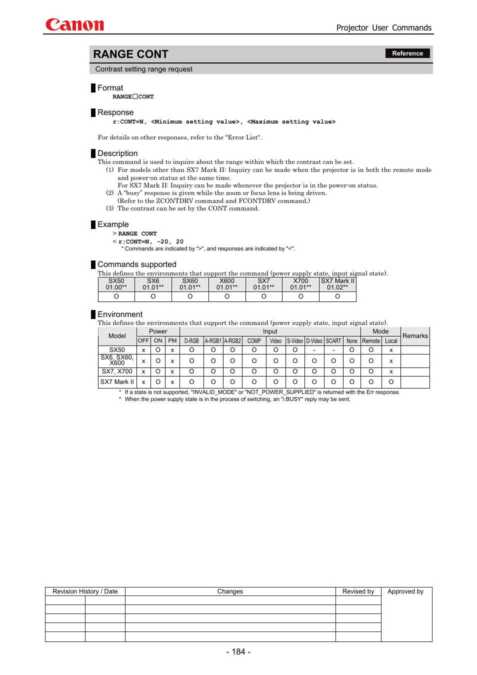 Range cont, Projector user commands, Format | Response, Description, Example, Commands supported, Environment | Canon SX 50 User Manual | Page 190 / 244