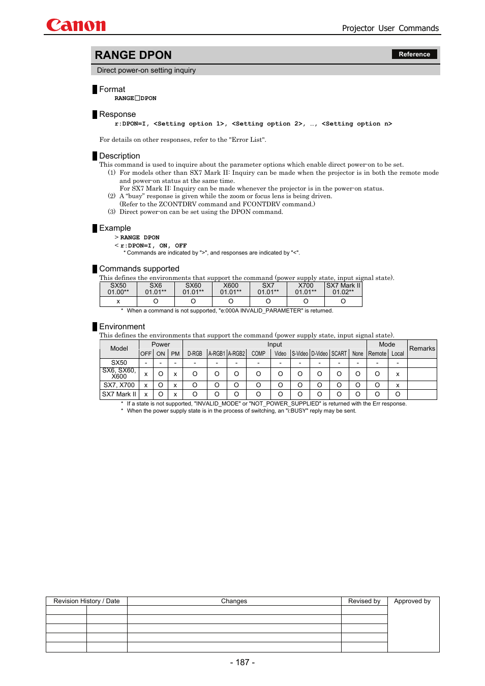 Range dpon, Projector user commands, Format | Response, Description, Example, Commands supported, Environment | Canon SX 50 User Manual | Page 193 / 244