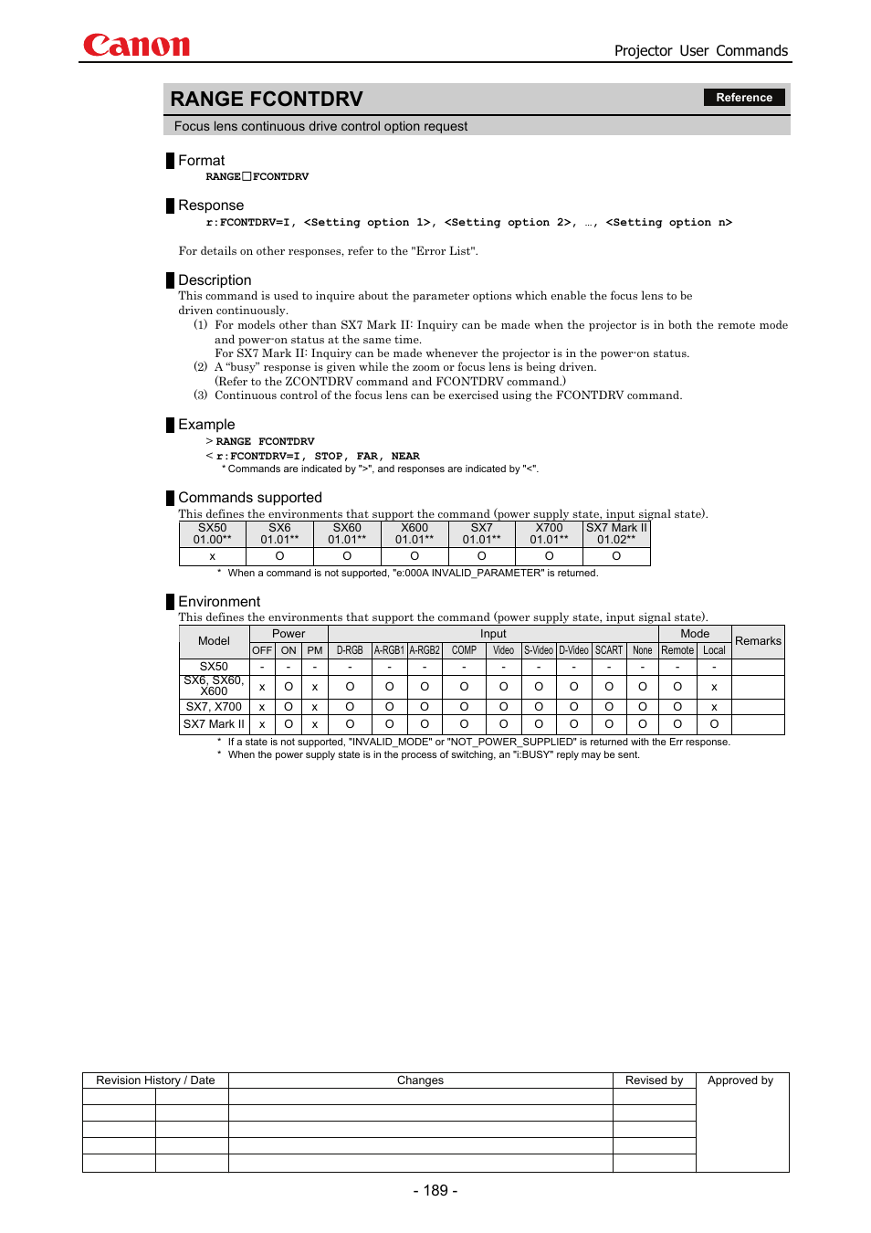 Range fcontdrv, Projector user commands, Format | Response, Description, Example, Commands supported, Environment | Canon SX 50 User Manual | Page 195 / 244