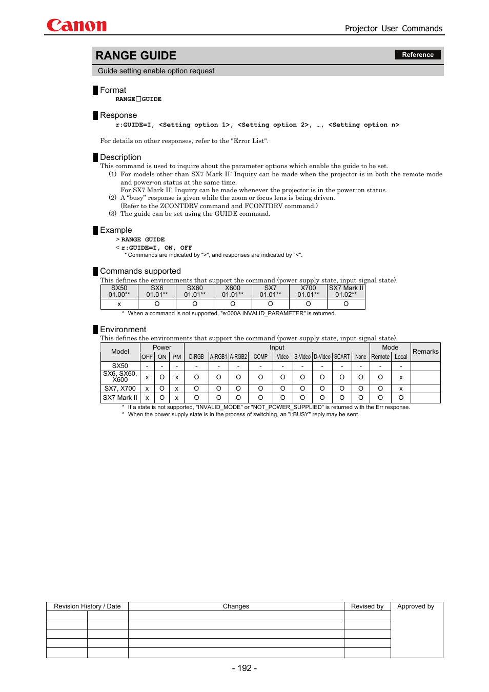 Range guide, Projector user commands, Format | Response, Description, Example, Commands supported, Environment | Canon SX 50 User Manual | Page 198 / 244