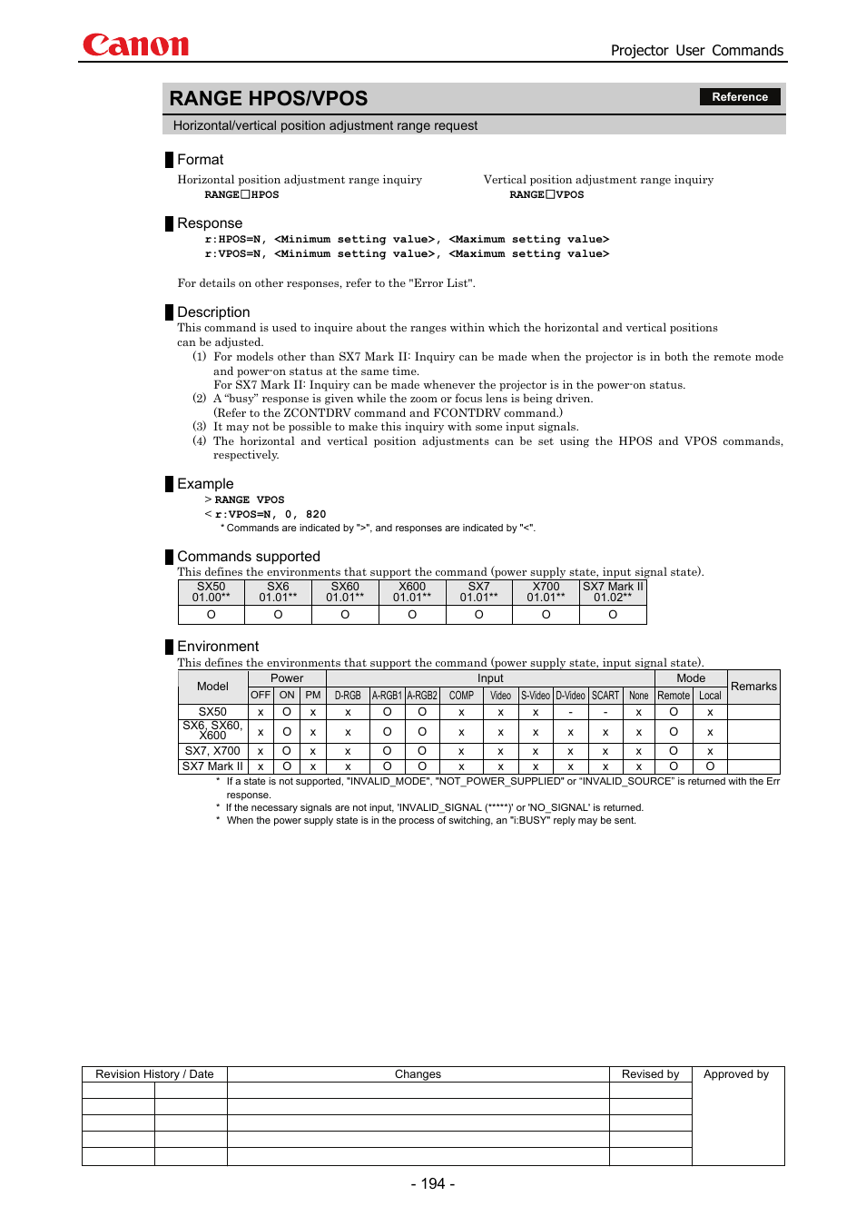 Range hpos/vpos, Projector user commands, Format | Response, Description, Example, Commands supported, Environment | Canon SX 50 User Manual | Page 200 / 244