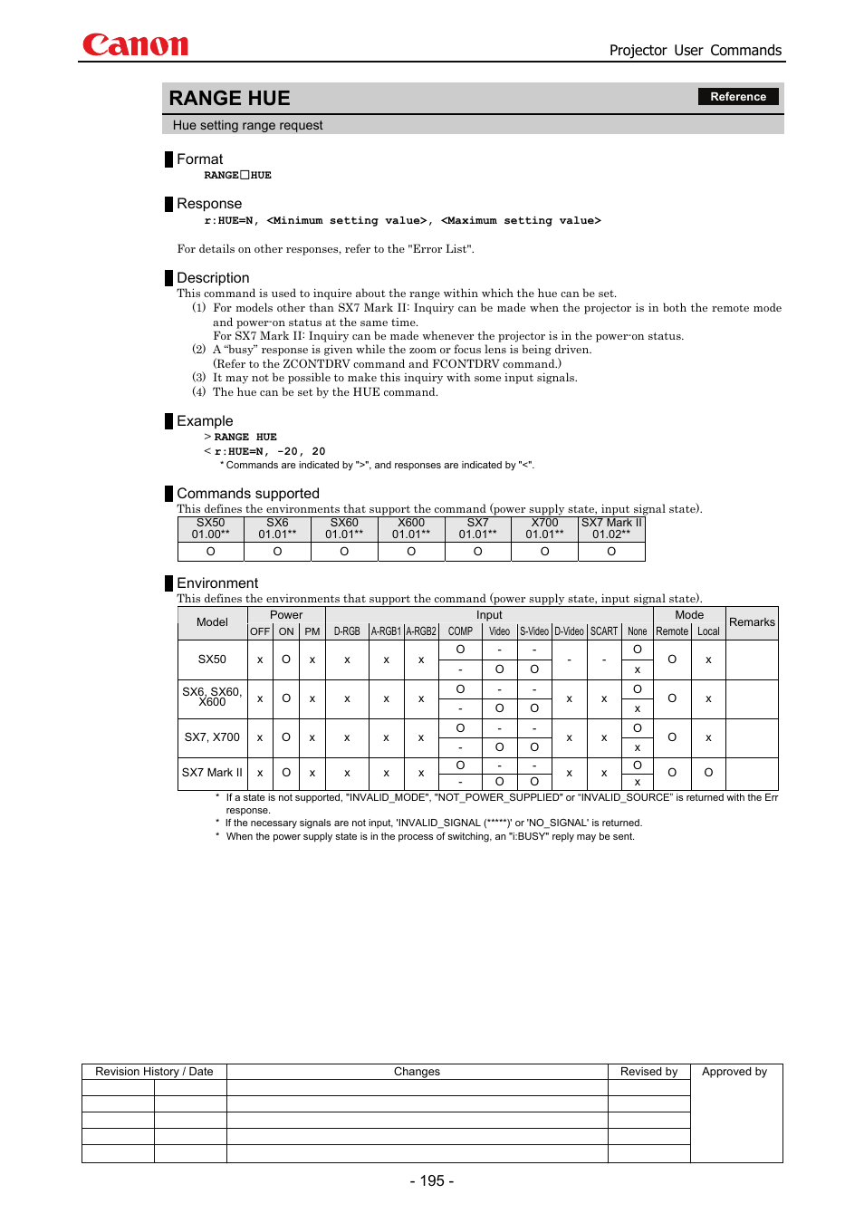 Range hue, Projector user commands, Format | Response, Description, Example, Commands supported, Environment | Canon SX 50 User Manual | Page 201 / 244