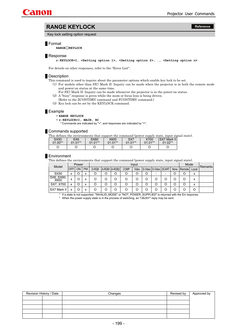 Range keylock, Projector user commands, Format | Response, Description, Example, Commands supported, Environment | Canon SX 50 User Manual | Page 205 / 244