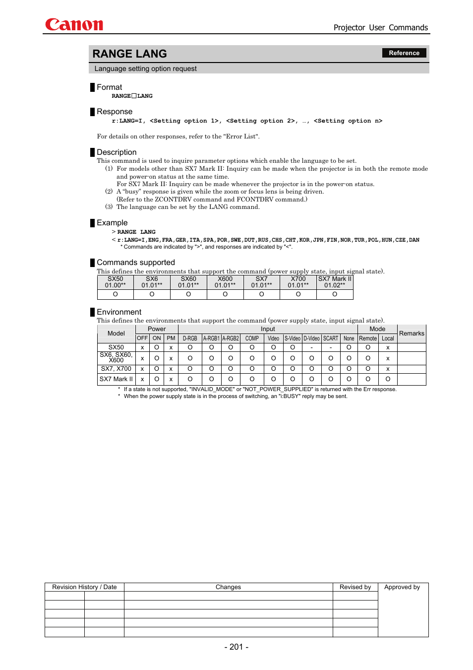 Range lang, Projector user commands, Format | Response, Description, Example, Commands supported, Environment | Canon SX 50 User Manual | Page 207 / 244