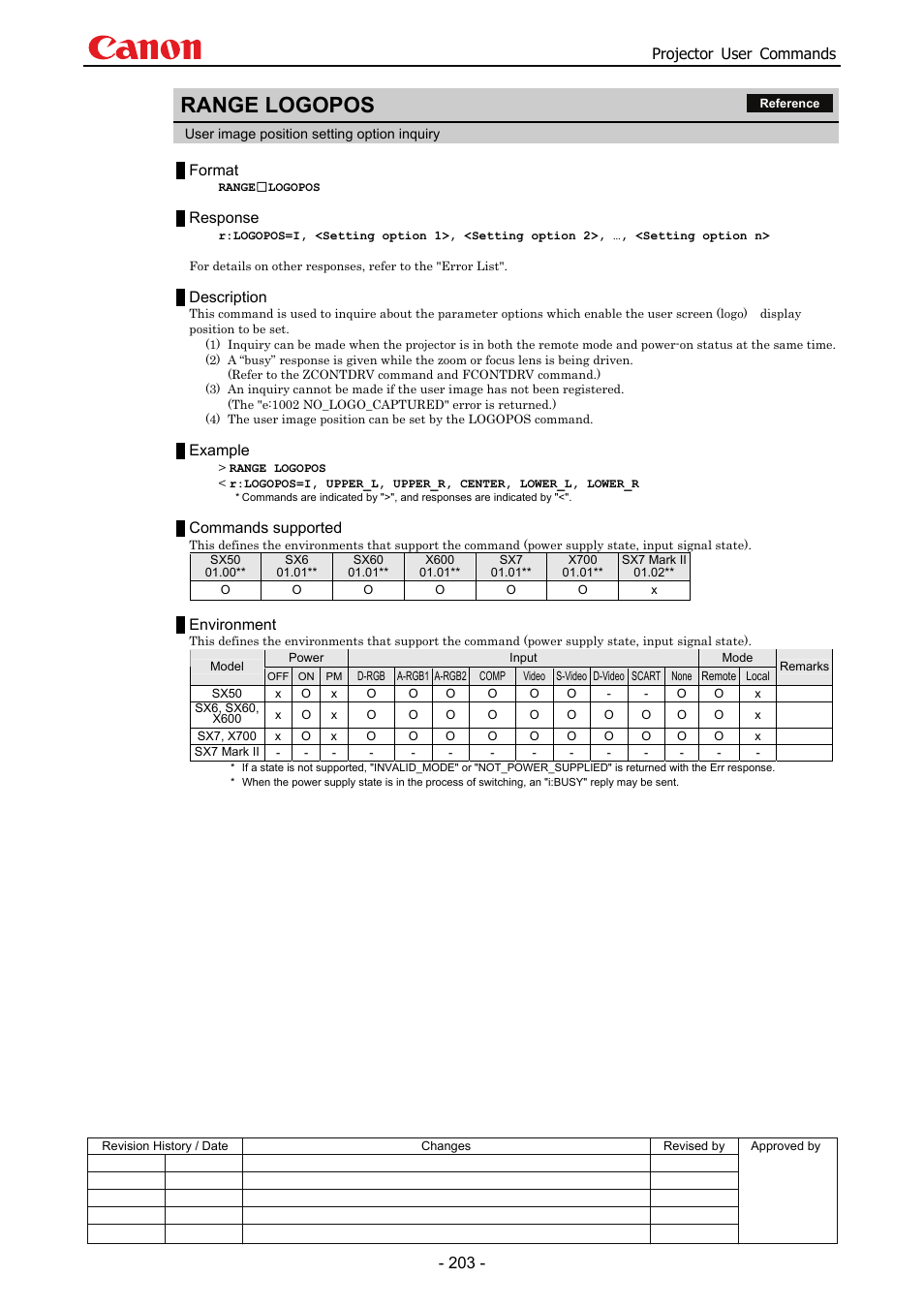 Range logopos, Projector user commands, Format | Response, Description, Example, Commands supported, Environment | Canon SX 50 User Manual | Page 209 / 244