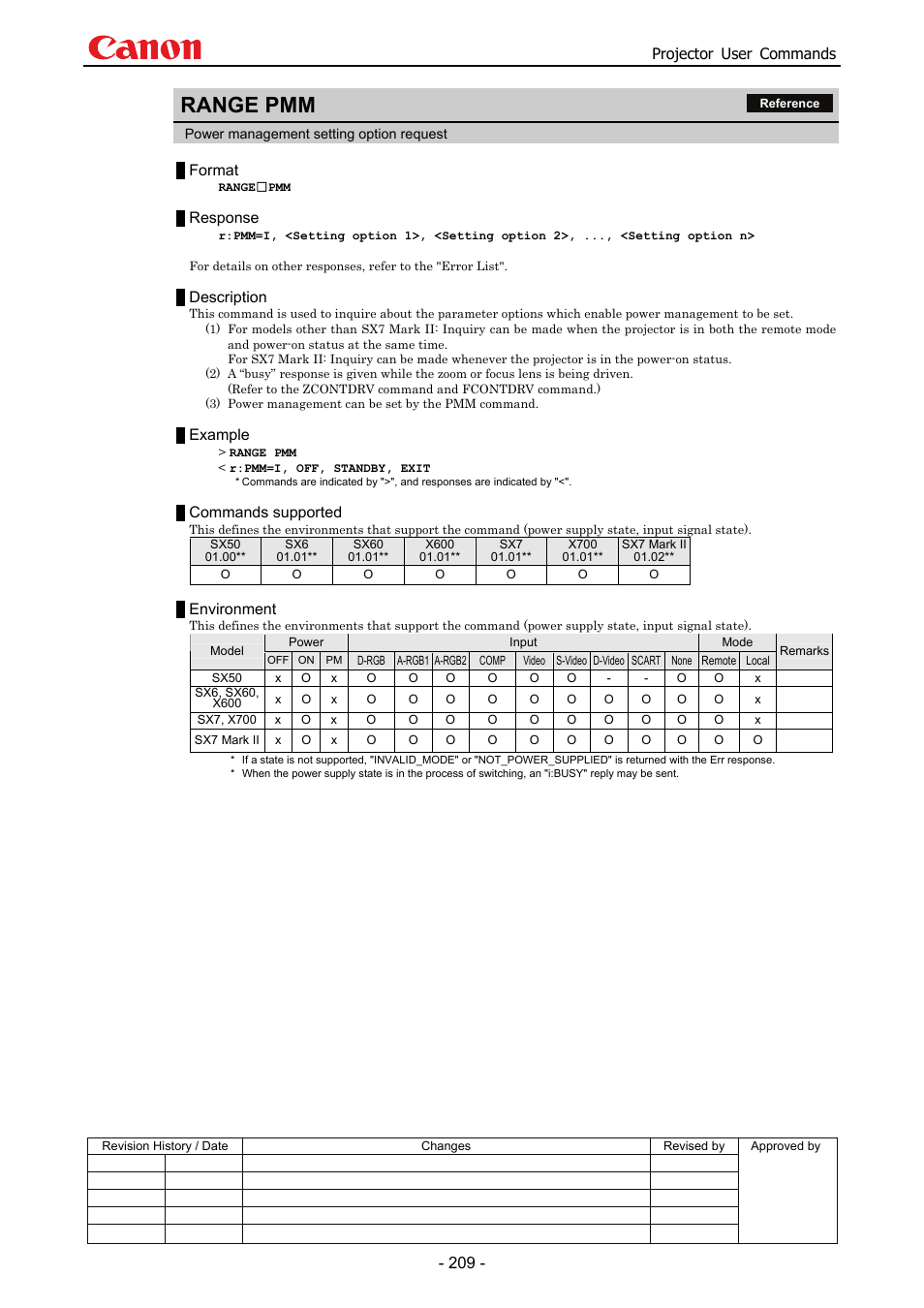 Range pmm, Projector user commands, Format | Response, Description, Example, Commands supported, Environment | Canon SX 50 User Manual | Page 215 / 244