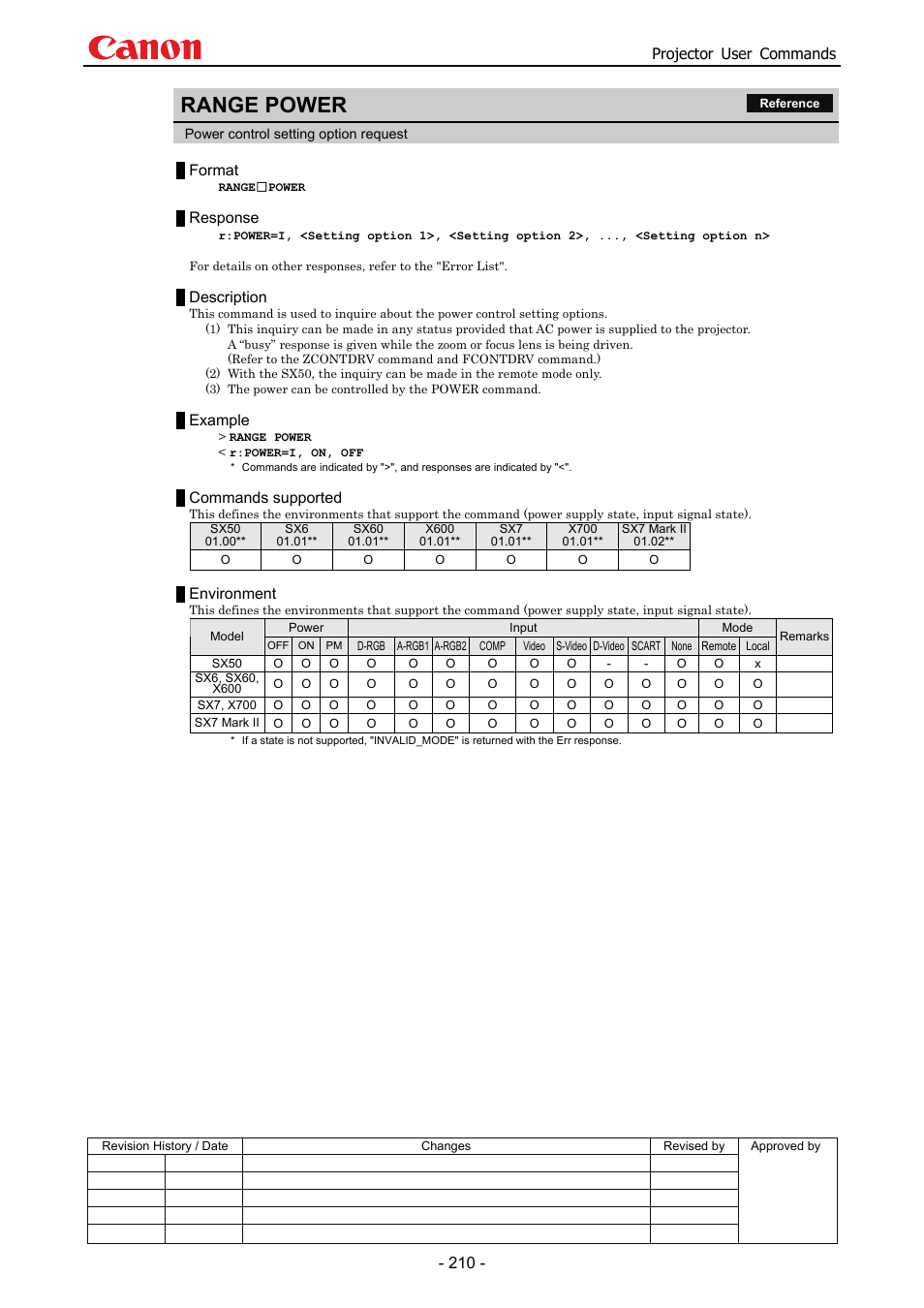 Range power, Projector user commands, Format | Response, Description, Example, Commands supported, Environment | Canon SX 50 User Manual | Page 216 / 244