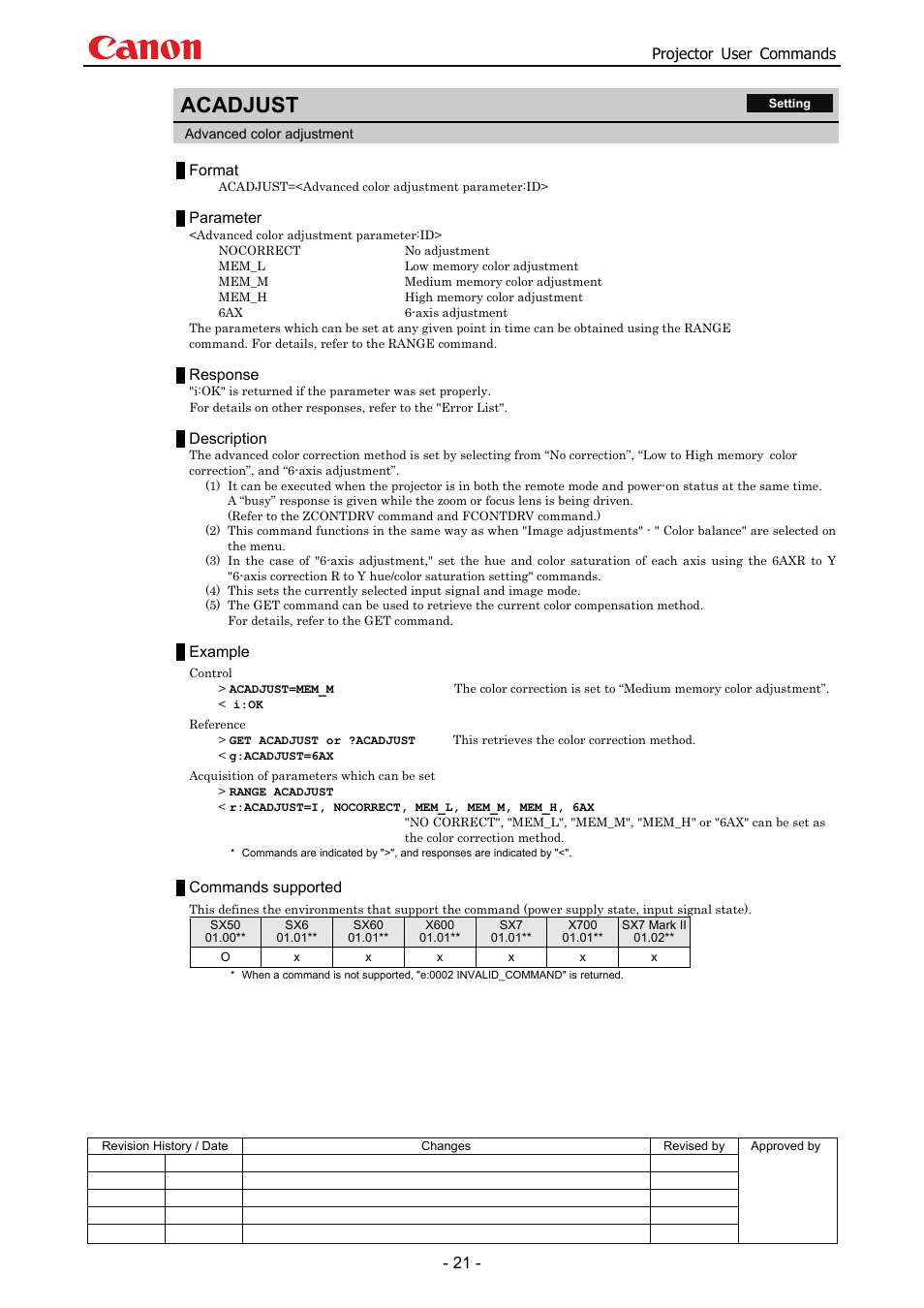 Acadjust, Projector user commands, Format | Parameter, Response, Description, Example, Commands supported | Canon SX 50 User Manual | Page 27 / 244