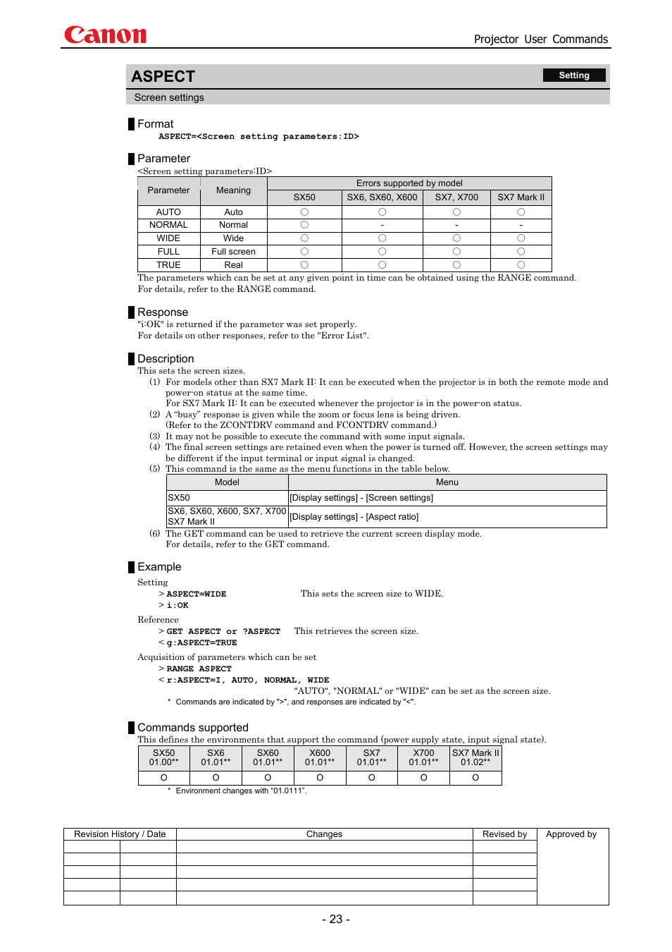 Aspect, Projector user commands, Format | Parameter, Response, Description, Example, Commands supported | Canon SX 50 User Manual | Page 29 / 244