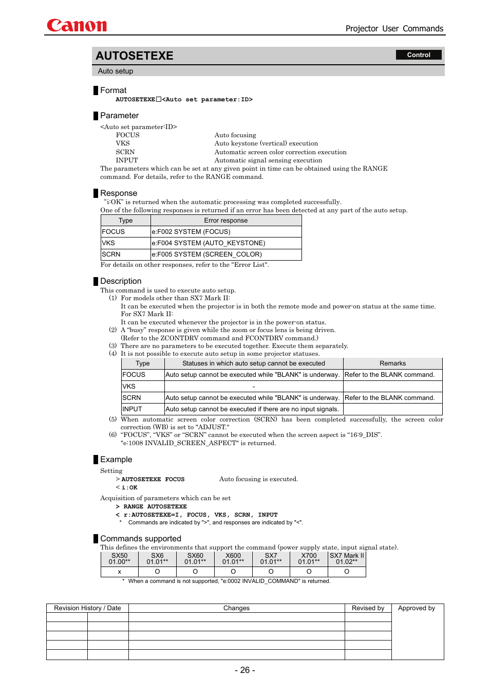 Autosetexe, Projector user commands, Format | Parameter, Response, Description, Example, Commands supported | Canon SX 50 User Manual | Page 32 / 244