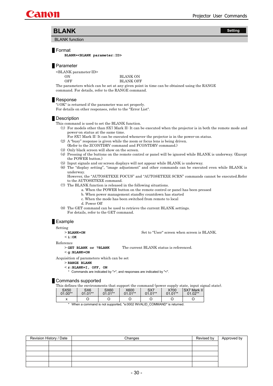 Blank, Projector user commands, Format | Parameter, Response, Description, Example, Commands supported | Canon SX 50 User Manual | Page 36 / 244