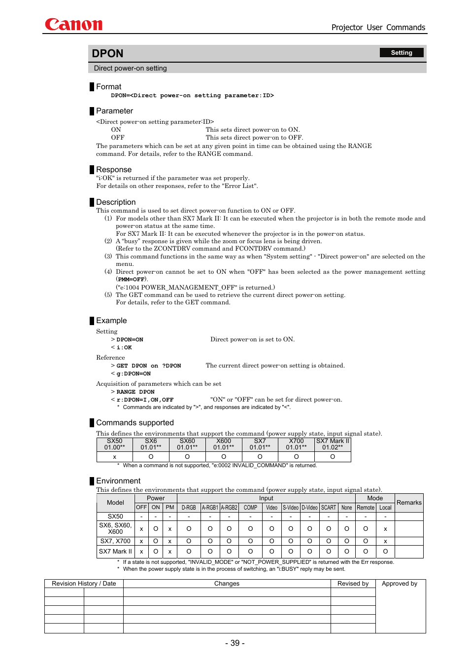 Dpon, Projector user commands, Format | Parameter, Response, Description, Example, Commands supported, Environment | Canon SX 50 User Manual | Page 45 / 244