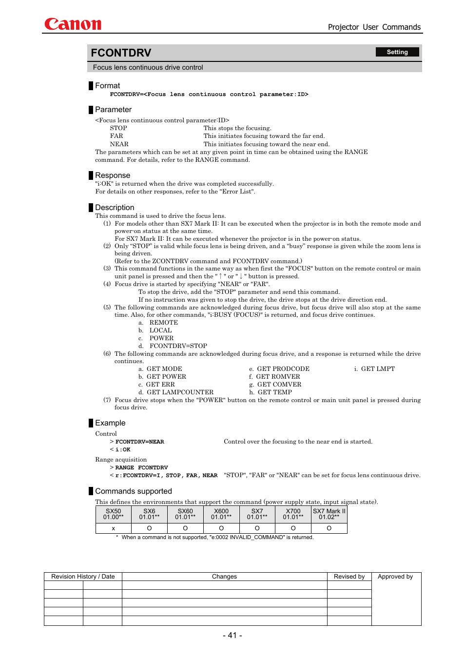 Fcontdrv, Projector user commands, Format | Parameter, Response, Description, Example, Commands supported | Canon SX 50 User Manual | Page 47 / 244