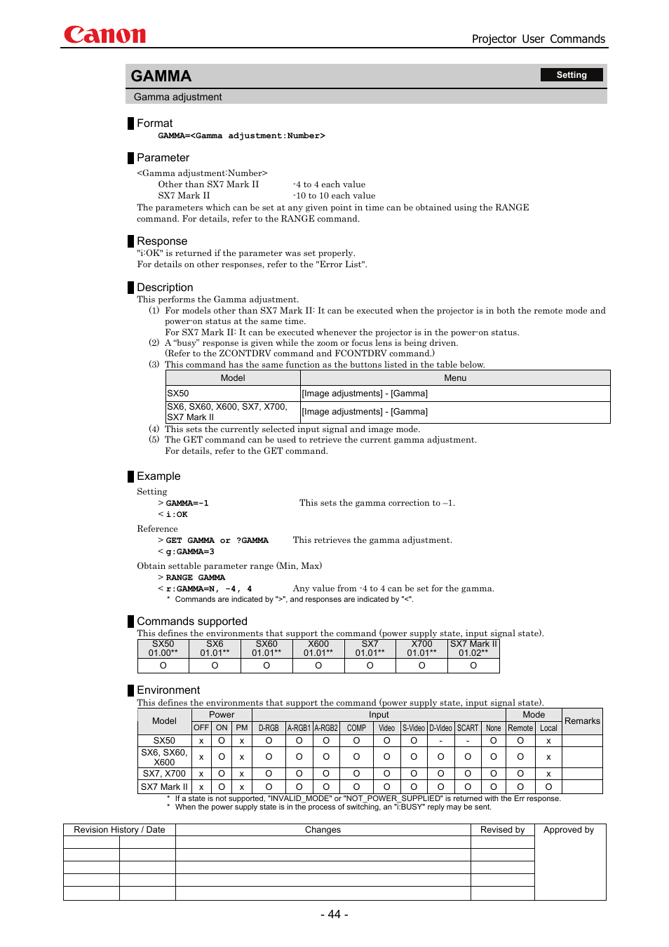 Gamma, Projector user commands, Format | Parameter, Response, Description, Example, Commands supported, Environment | Canon SX 50 User Manual | Page 50 / 244