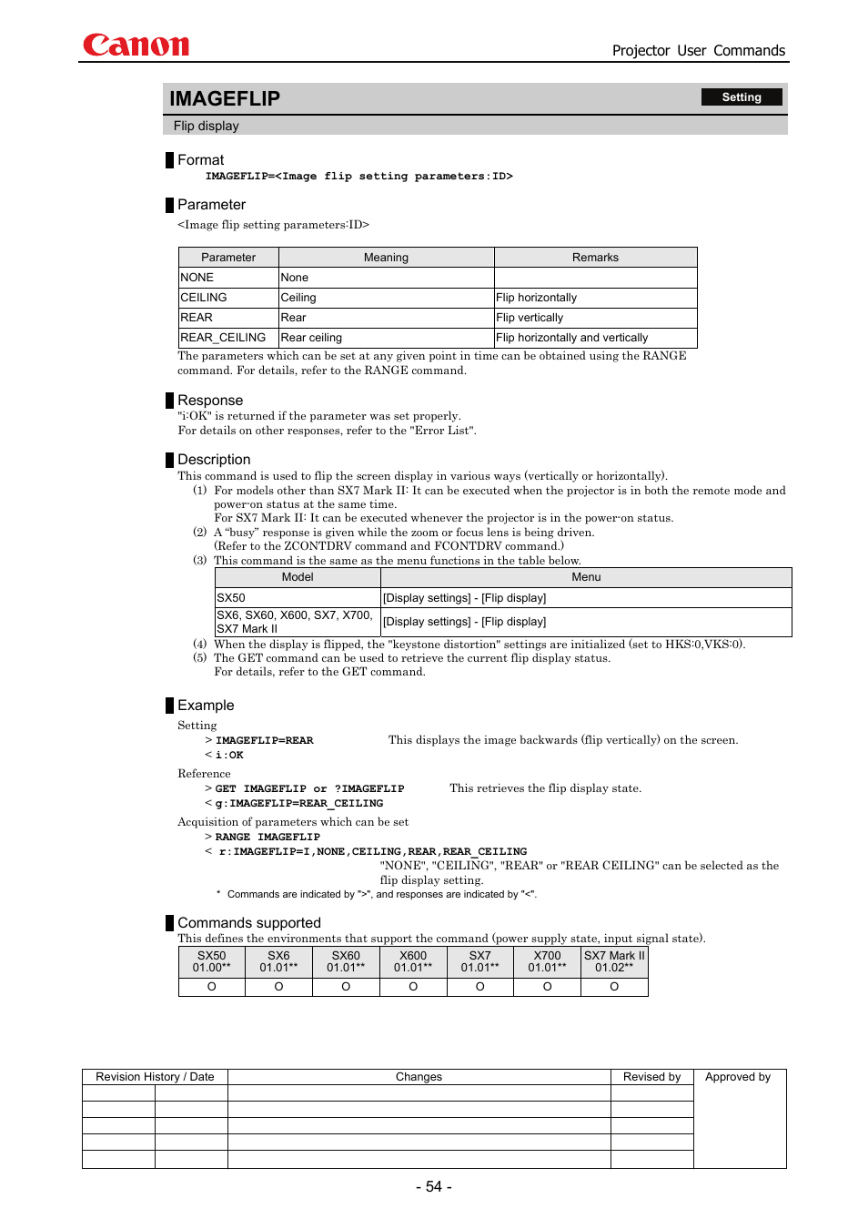 Imageflip, Projector user commands, Format | Parameter, Response, Description, Example, Commands supported | Canon SX 50 User Manual | Page 60 / 244