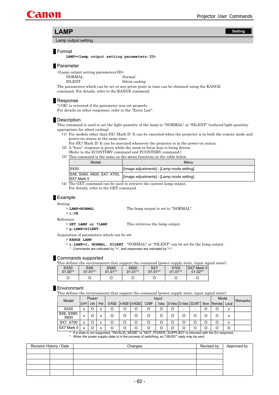 Lamp, Projector user commands, Format | Parameter, Response, Description, Example, Commands supported, Environment | Canon SX 50 User Manual | Page 66 / 244