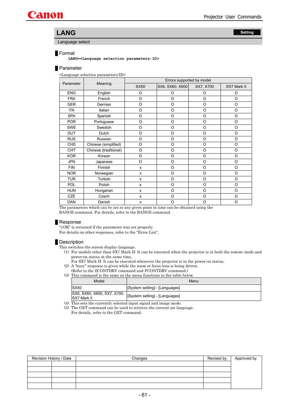 Lang, Projector user commands, Format | Parameter, Response, Description | Canon SX 50 User Manual | Page 67 / 244