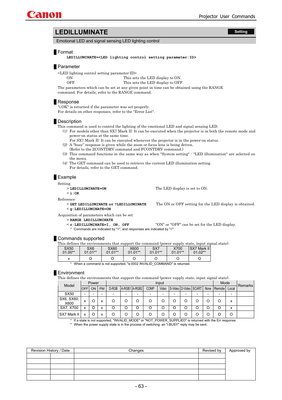 Ledilluminate, Projector user commands, Format | Parameter, Response, Description, Example, Commands supported, Environment | Canon SX 50 User Manual | Page 69 / 244