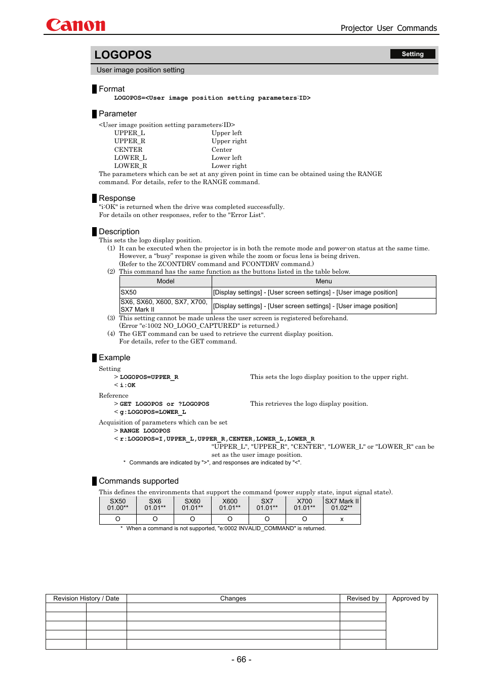 Logopos, Projector user commands, Format | Parameter, Response, Description, Example, Commands supported | Canon SX 50 User Manual | Page 72 / 244