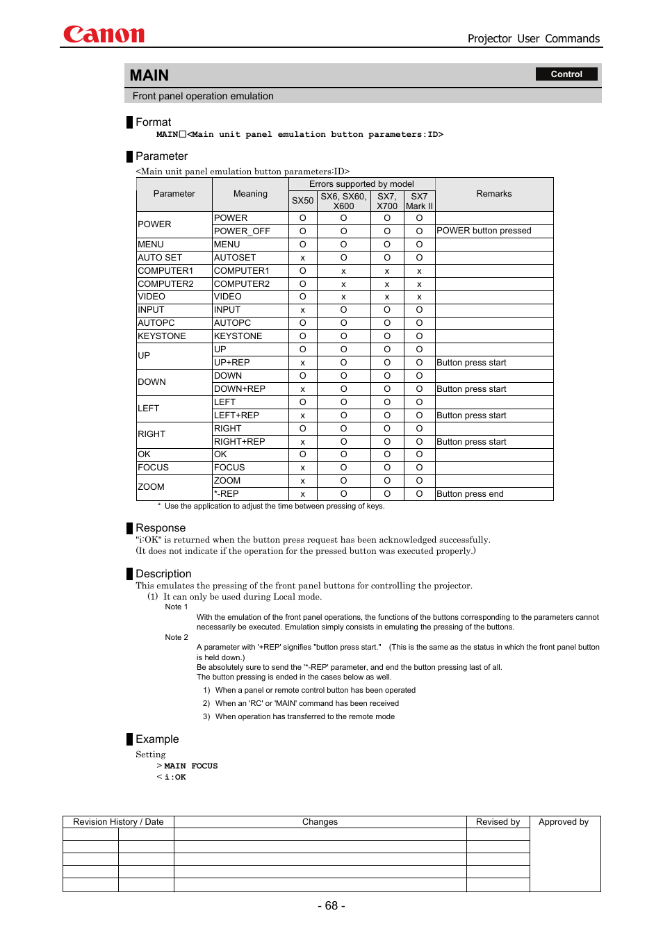 Main, Projector user commands, Format | Parameter, Response, Description, Example | Canon SX 50 User Manual | Page 74 / 244