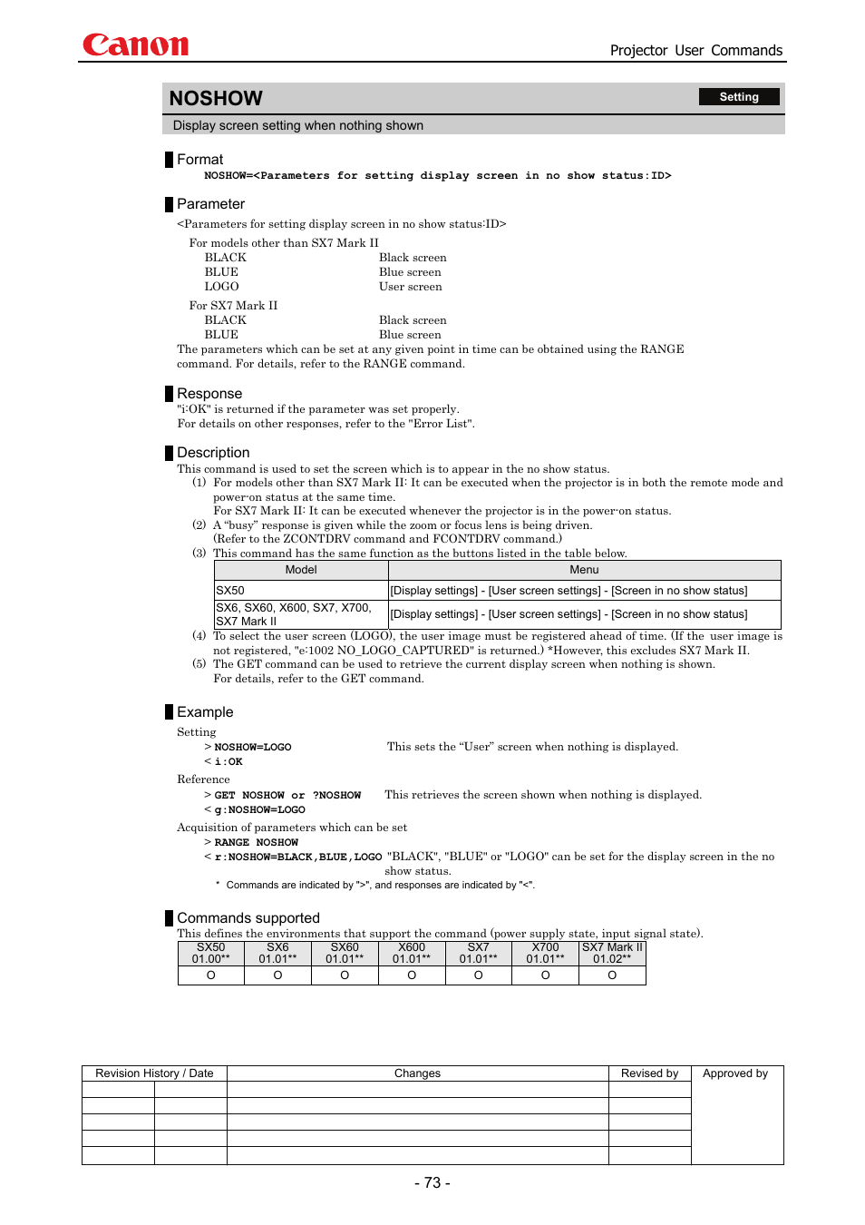 Noshow, Projector user commands, Format | Parameter, Response, Description, Example, Commands supported | Canon SX 50 User Manual | Page 79 / 244