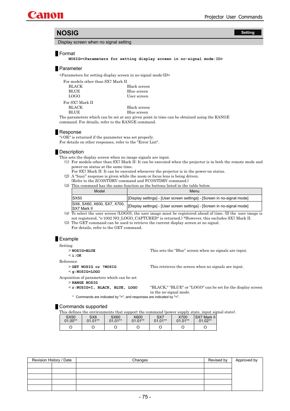 Nosig, Projector user commands, Format | Parameter, Response, Description, Example, Commands supported | Canon SX 50 User Manual | Page 81 / 244