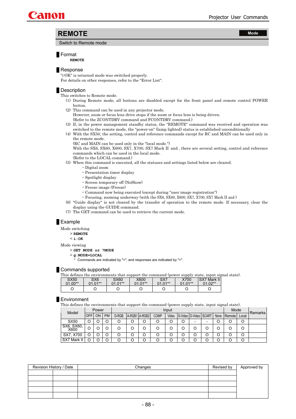 Remote, Projector user commands, Format | Response, Description, Example, Commands supported, Environment | Canon SX 50 User Manual | Page 94 / 244