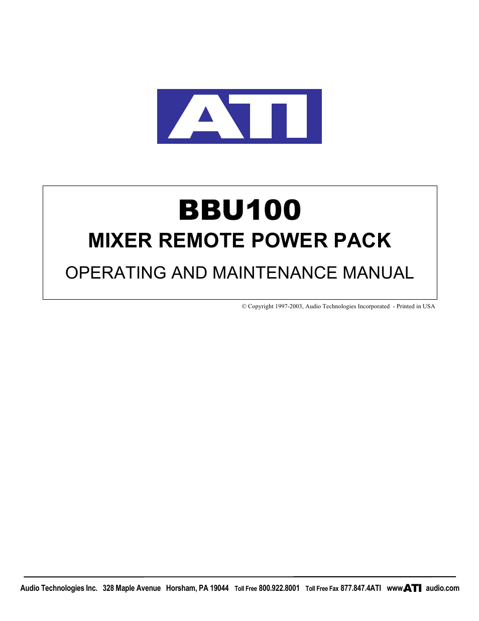 ATI Audio BBU100 User Manual | 3 pages