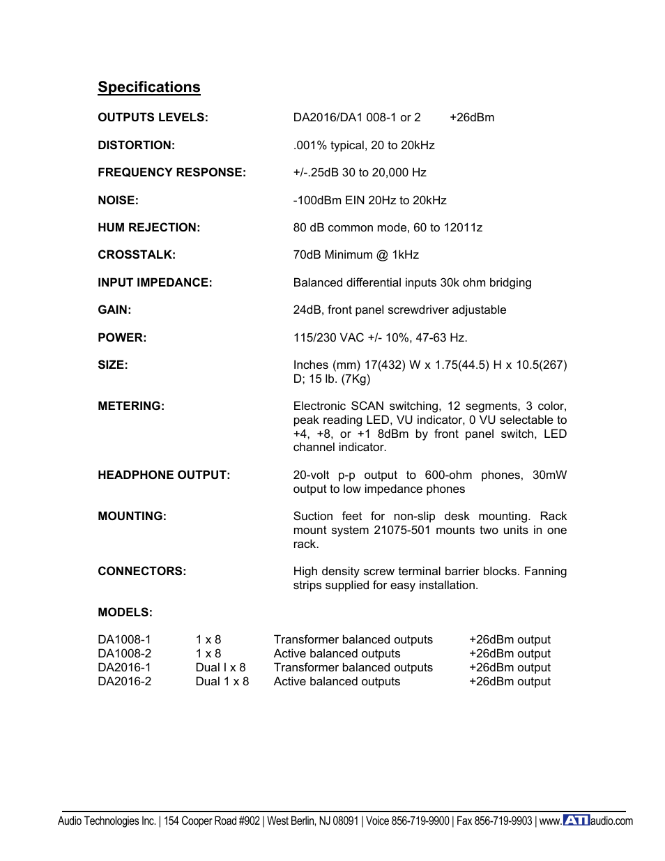 Specifications | ATI Audio DA1008-1 User Manual | Page 6 / 6