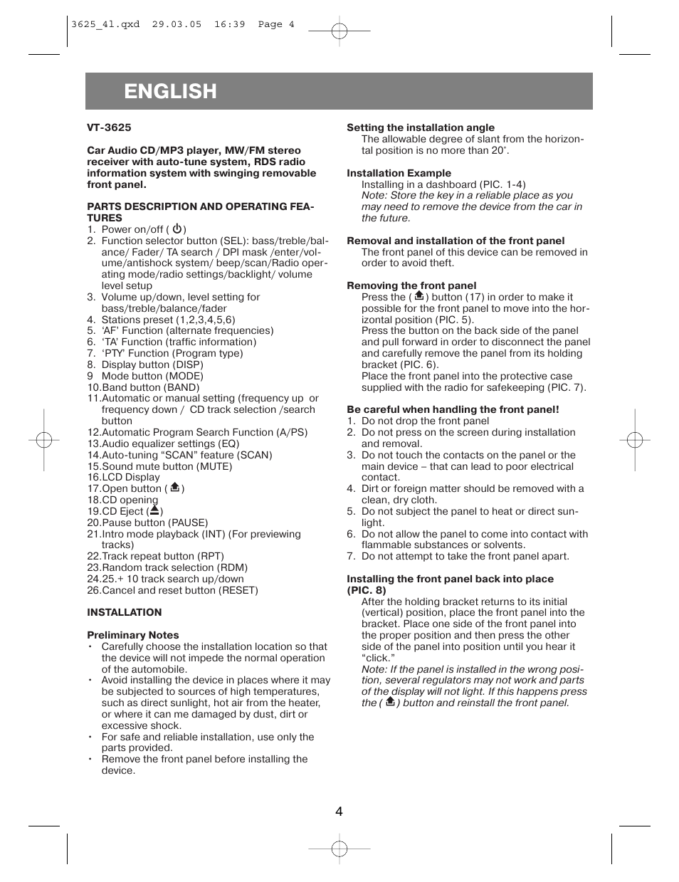 English | Vitek VT-3625 User Manual | Page 4 / 28