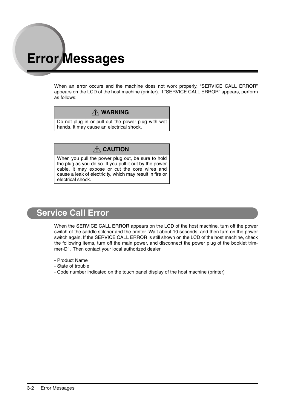 Error messages, Service call error, Error messages -2 | Service call error -2 | Canon D1 User Manual | Page 21 / 28