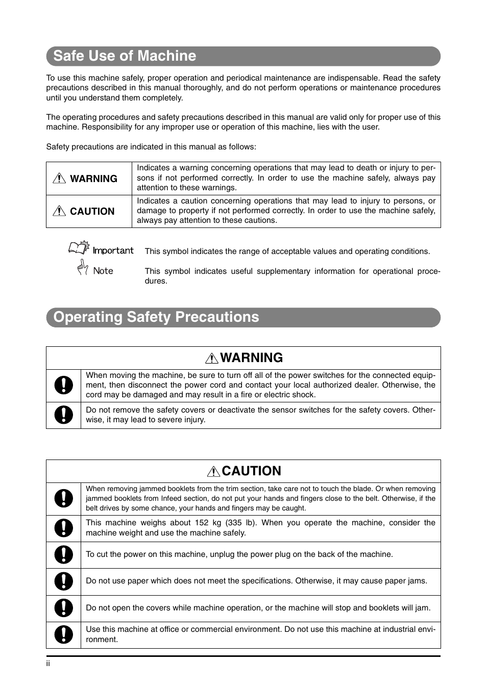 Safe use of machine, Operating safety precautions, Warning | Caution | Canon D1 User Manual | Page 5 / 28